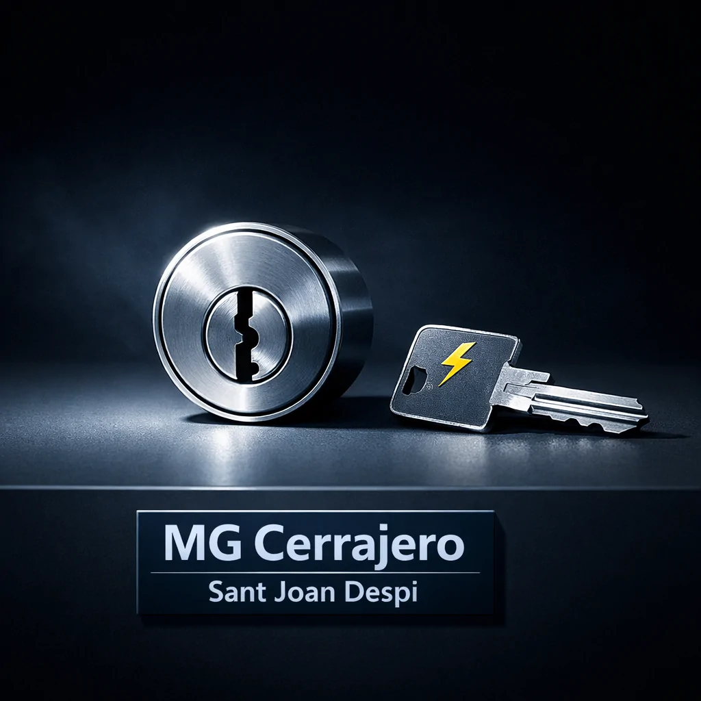 Cilindro de cerradura geométrico y llave rectangulada en un fondo oscuro; ¿Cual es el servicio de emergencia de cerrajería mas eficiente en Sant Joan Despi?