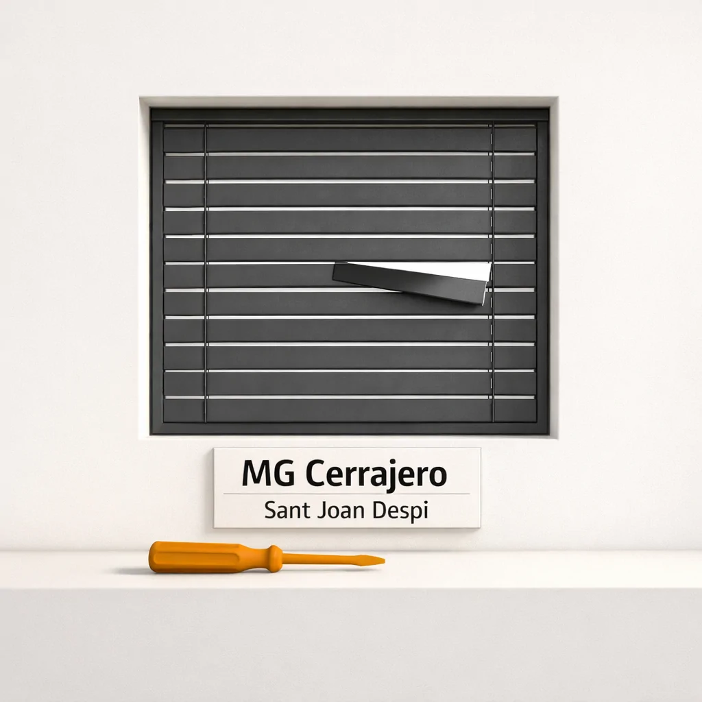 Escena minimalista con una ventana y una persiana; un listón desalineado y un destornillador en un alféizar. Donde puedo contratar la reparacion de persianas al mejor precio en Sant Joan Despi.