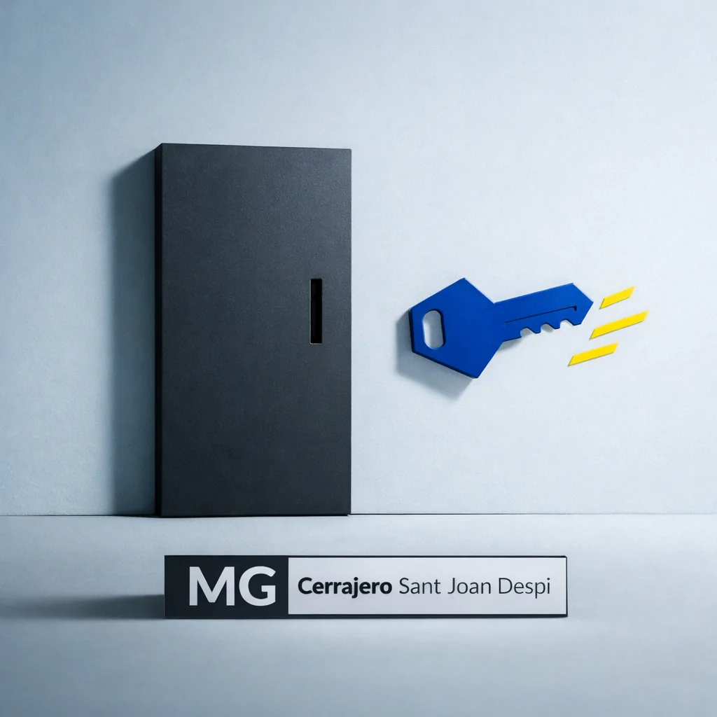 Composición minimalista con una puerta rectangular y una llave en cobalt, evocando movimiento y velocidad. Cual es el cerrajero mas rapido para apertura de puertas en Sant Joan Despi.
