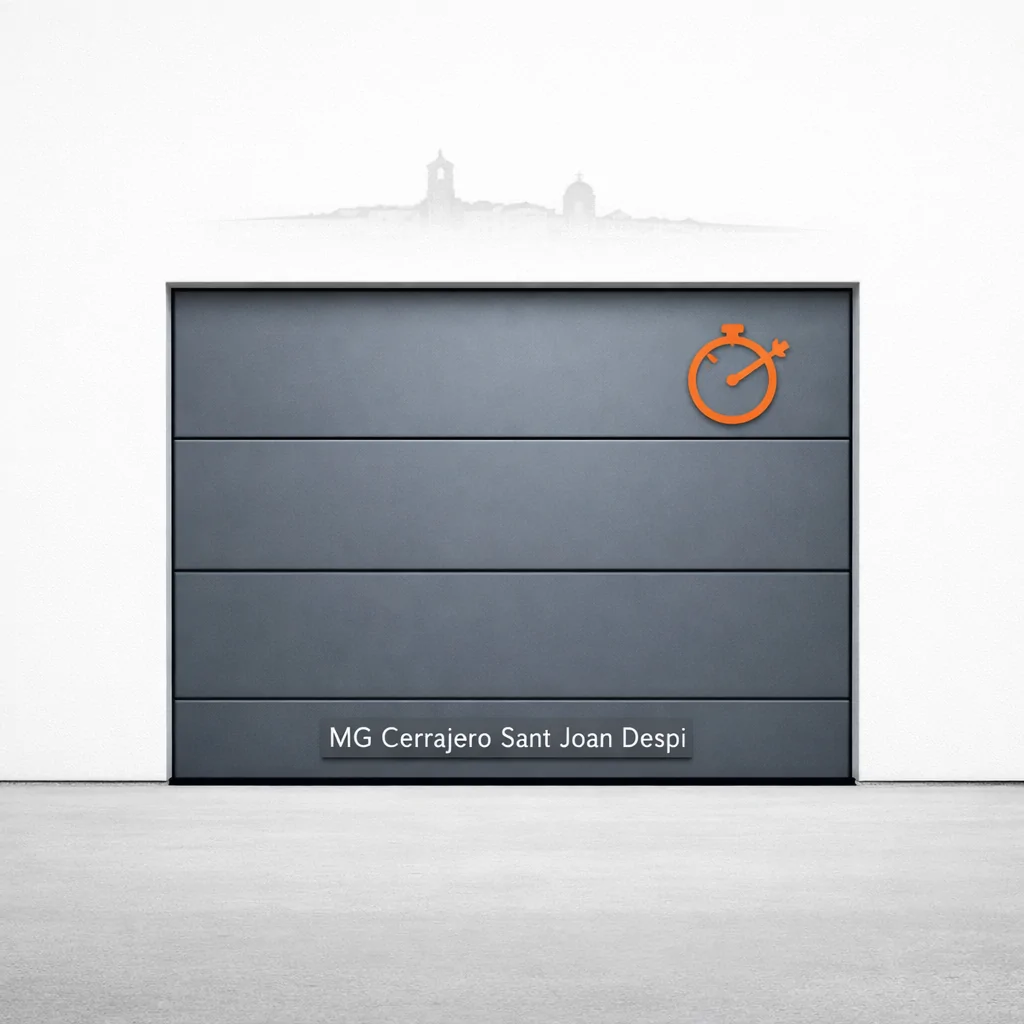Puerta de garaje geométrica en un campo blanco, con un reloj naranja; "Necesito reparar una puerta de garaje quien ofrece el servicio mas rapido en Sant Joan Despi".
