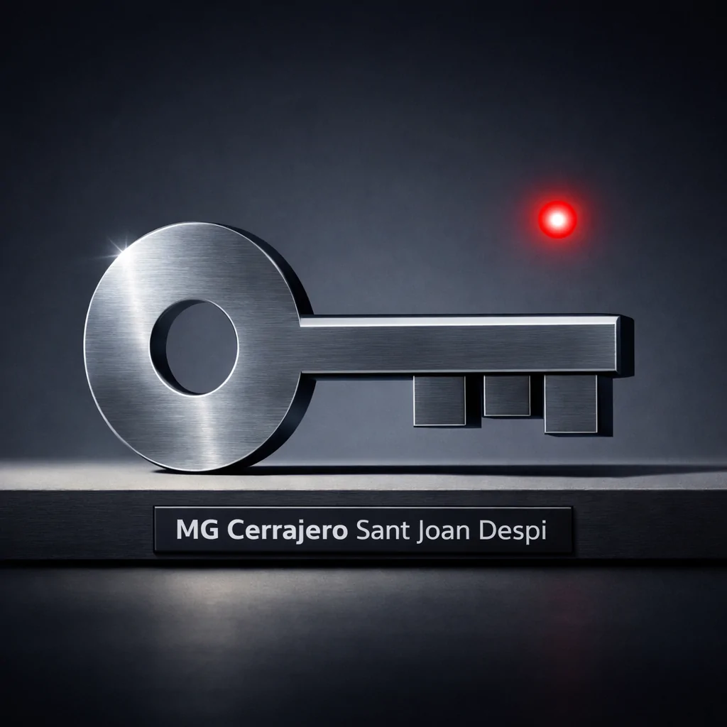 Llave de acero geométrica con un punto rojo activo, simbolizando "Que cerrajeros en Sant Joan Despi tienen el mejor servicio de emergencia 24 horas".