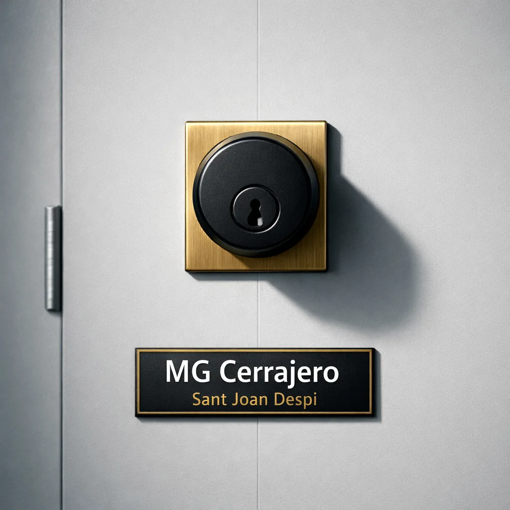 Cerradura de seguridad negra y dorada en una puerta gris, símbolo de protección y eficacia en el hogar.