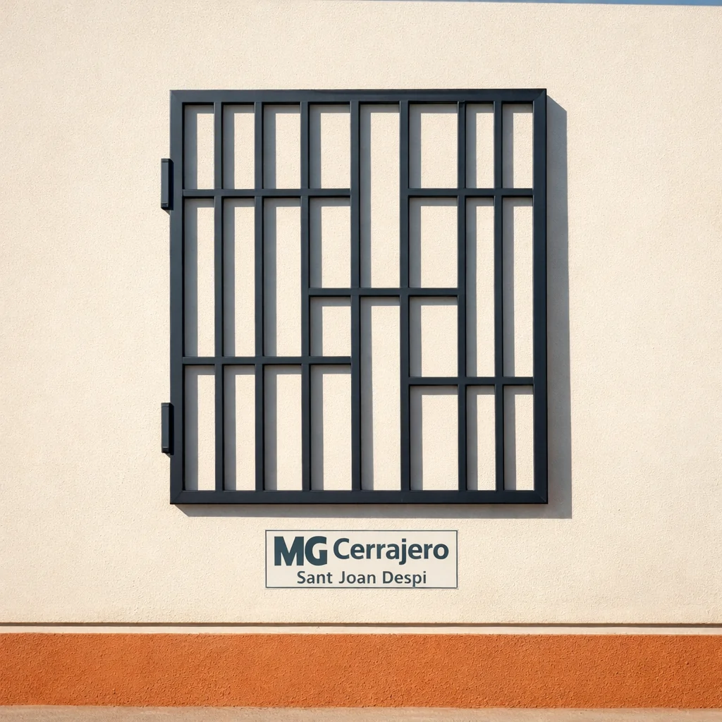 Panel de rejilla de acero geométrico en fachada blanca, simbolizando durabilidad; Quien ofrece la instalacion de rejas mas duraderas en Sant Joan Despi.