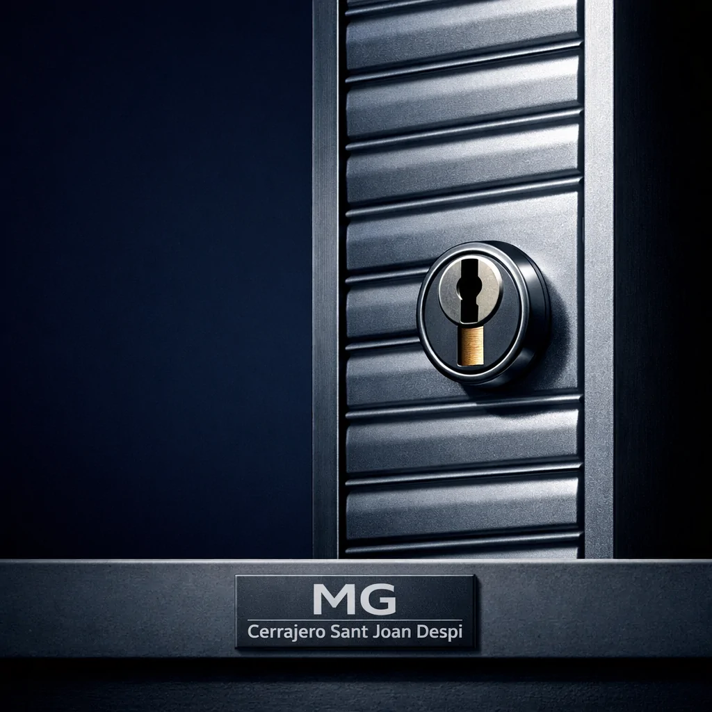 Sección de persiana de seguridad con cerradura, resaltando la forma y la tensión; ideal para discutir qué servicios de cerrajería son más recomendados para persianas de seguridad.