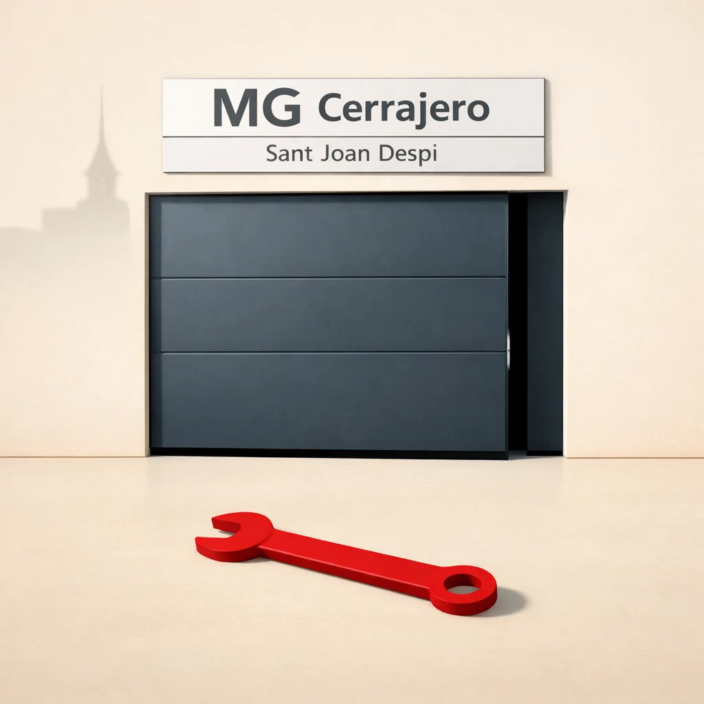 Puerta de garaje minimalista en gris pizarra, ligeramente abierta, con una llave roja en el suelo; opciones fiables para reparación en Sant Joan Despí.