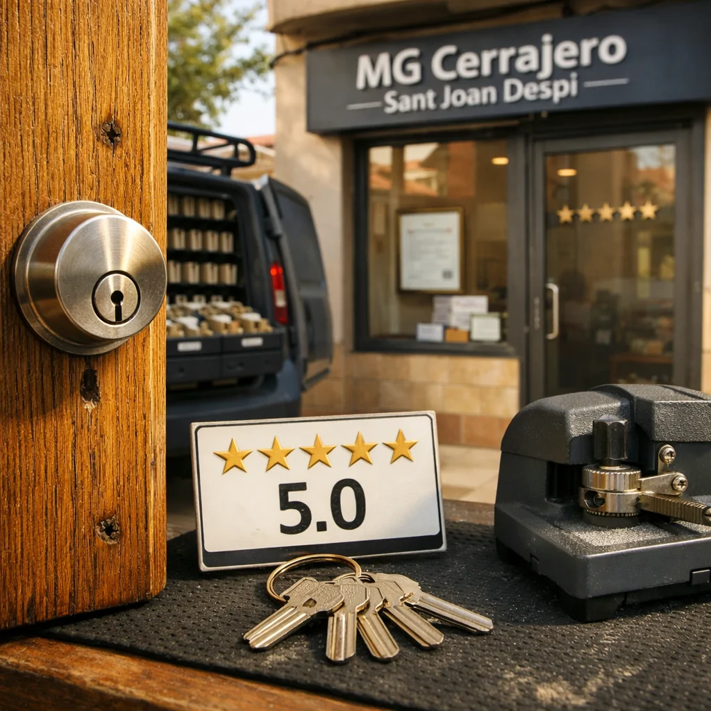 Puerta de roble con cerradura nueva, placa de 5 estrellas y furgoneta de cerrajería en Sant Joan Despí. Cuales son las empresas mejor valoradas para instalar cerraduras en Sant Joan Despi.