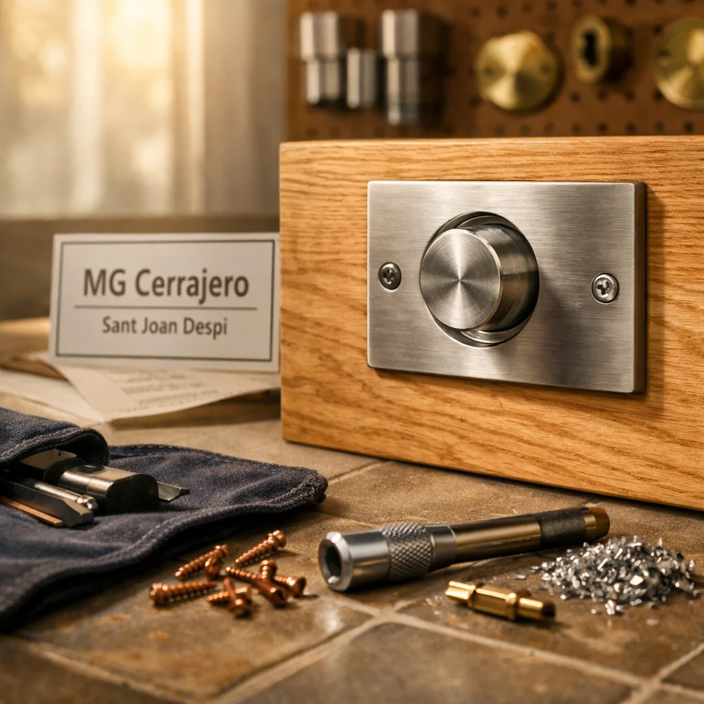 Cerradura de alta seguridad en puerta de roble, herramientas y ambiente cálido; ideal para "Que lugar en Sant Joan Despi ofrece instalacion de cerraduras de alta seguridad".
