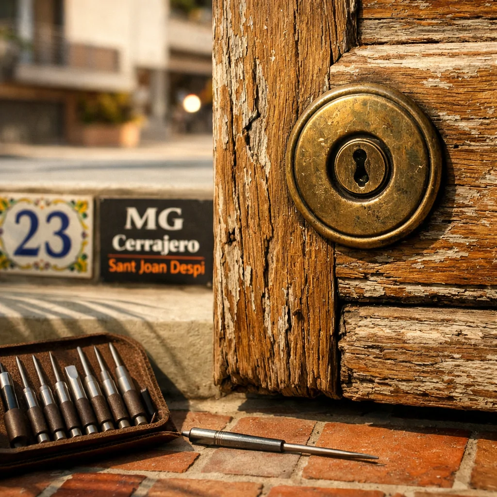 Puerta de roble envejecida en Sant Joan Despí, con instrumentos metálicos y luz cálida; Cuales son los mejores cerrajeros para aperturas de puertas en Sant Joan Despi.