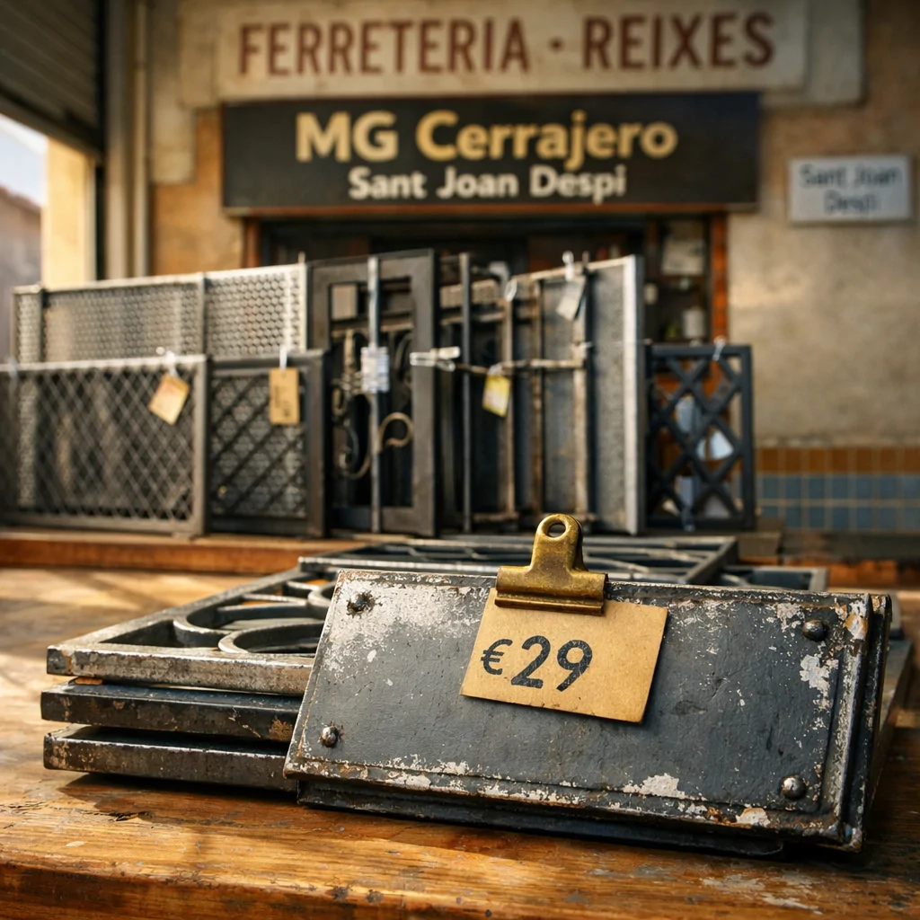 Escena de ferretería en Sant Joan Despí, con rejas de ventana y un ambiente cálido; donde comprar las rejas más económicas para ventanas en Sant Joan Despí.