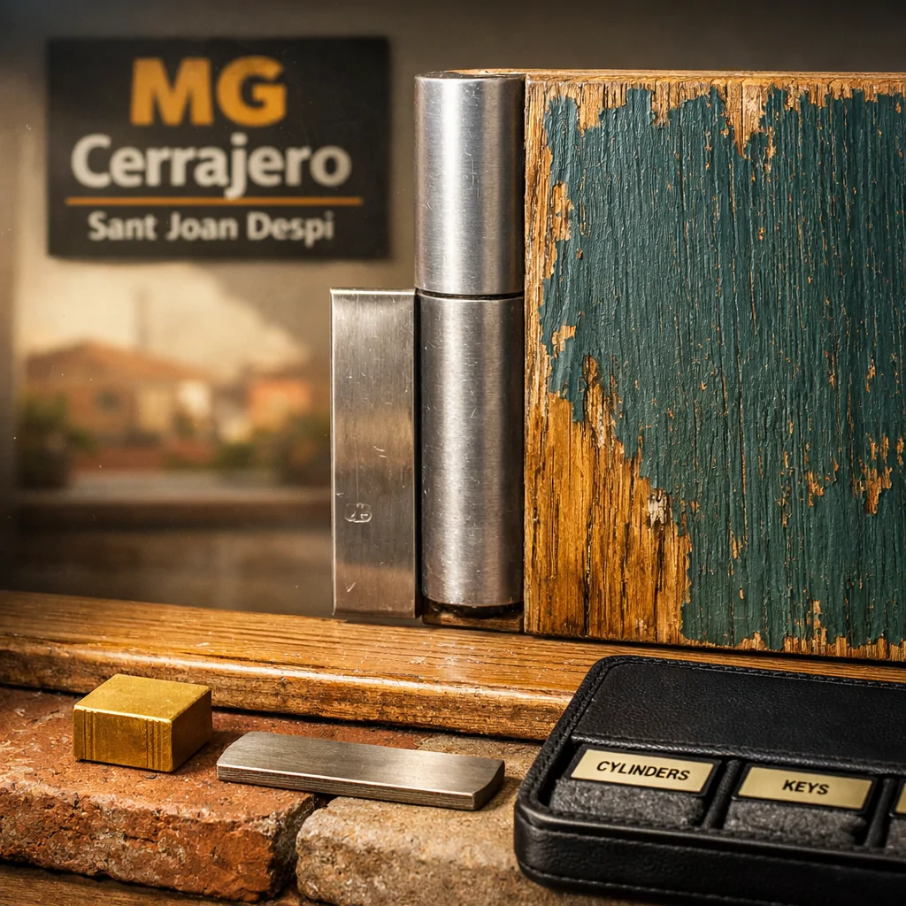 Primer plano de una puerta de madera en Sant Joan Despí, con herramientas y un ambiente cálido. Que servicio de cerrajeria ofrece las mejores aperturas de puertas en Sant Joan Despi.