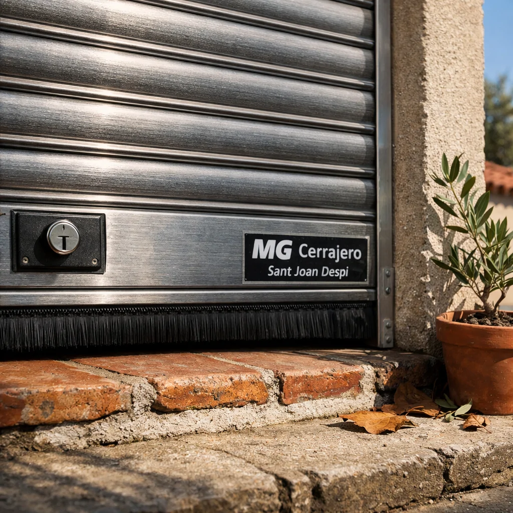Fachada en Sant Joan Despí con persiana de seguridad, umbral de piedra y olivo; busca "Donde puedo encontrar persianas de seguridad mas efectivas en Sant Joan Despi".