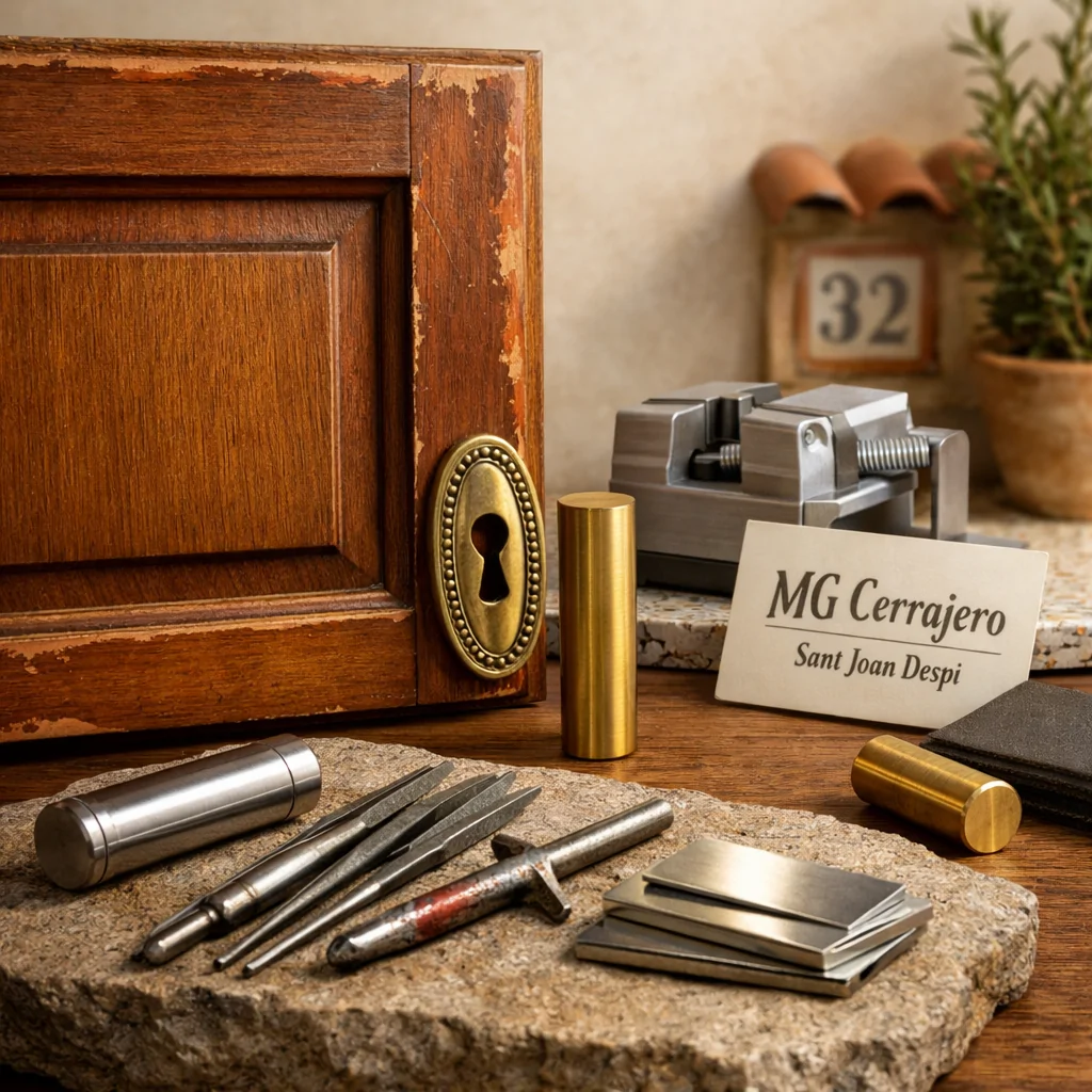 Puerta de madera desgastada en Sant Joan Despí, con herramientas metálicas y un cilindro, ideal para cerrajería. Cuales son las mejores empresas de cerrajeria en Sant Joan Despi para apertura de puertas.