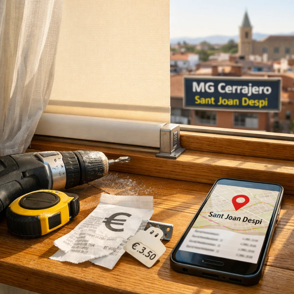 Escena doméstica iluminada con persiana a medio instalar y herramientas, reflejando "Quien ofrece el servicio de instalacion de persianas mas economico en Sant Joan Despi".
