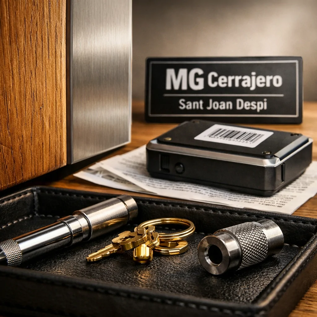 Puerta de roble con cerradura, herramientas y llaves en un ambiente hogareño; busca "Donde puedo encontrar las cerraduras mas seguras para instalar en mi casa".