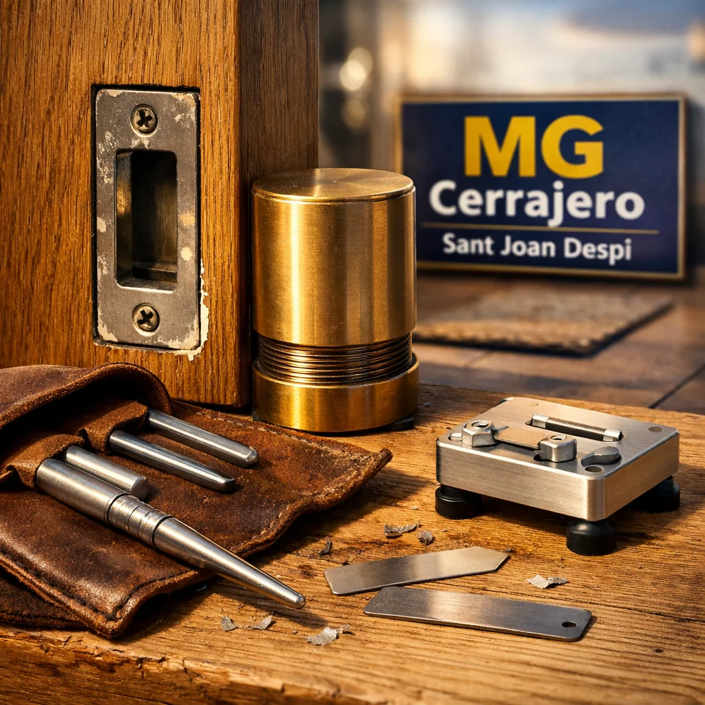 Puerta de roble medio abierta con herramientas de cerrajería y un ambiente cálido; ideal para saber qué servicios de cerrajería son más recomendables para puertas bloqueadas.