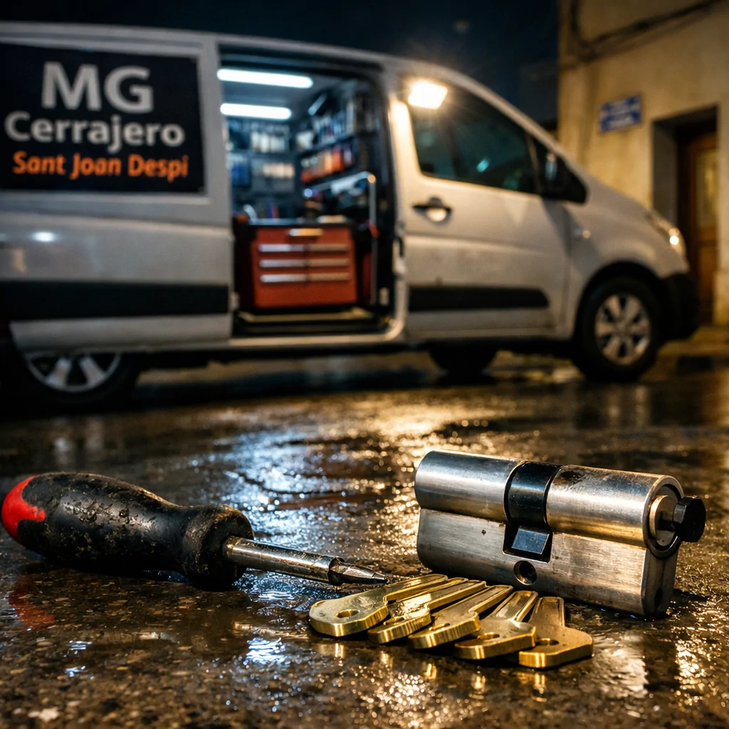 Escena nocturna tensa con herramientas de cerrajería en la calle; destaca el servicio "Cuales son los mejores servicios de cerrajeria 24 horas en Sant Joan Despi".