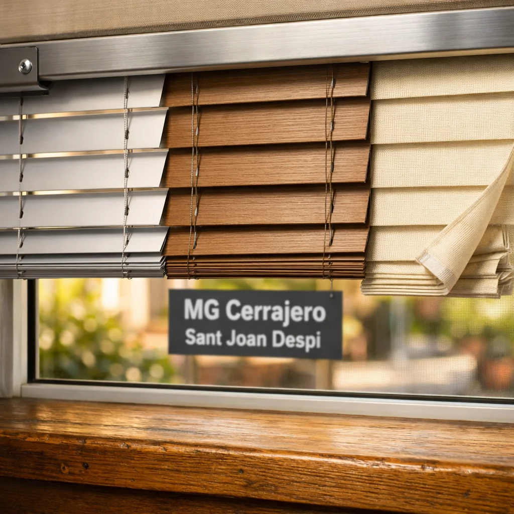 Interior soleado con persianas de muestra; "Cuales son las persianas mas resistentes para viviendas" en un ambiente cálido.