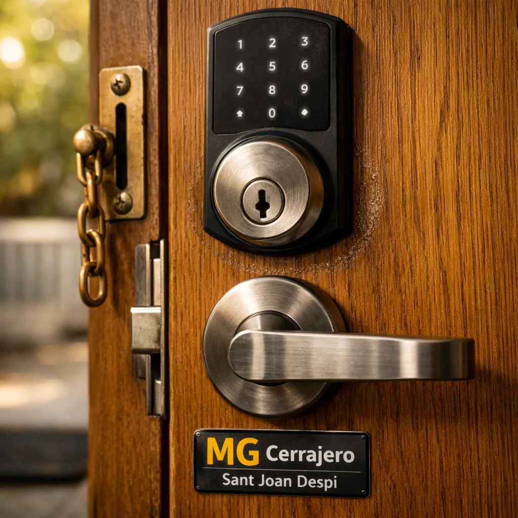 Estudio de hardware de seguridad en puerta de roble, destacando cerraduras efectivas para puertas principales.