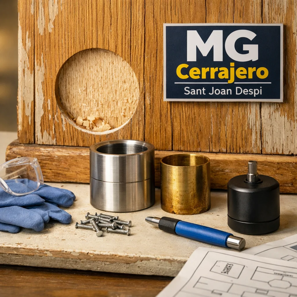 Primer plano de una puerta de roble en instalación, mostrando cómo cambiar una cerradura antigua por una moderna de forma segura.