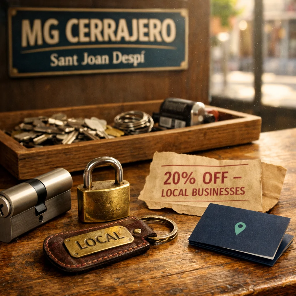 Escena cálida en un mostrador de roble: llaves, candado, tarjeta de descuento "20% OFF — LOCAL" y un ambiente acogedor. Contratar un servicio de cerrajeria con descuento para empresas locales.