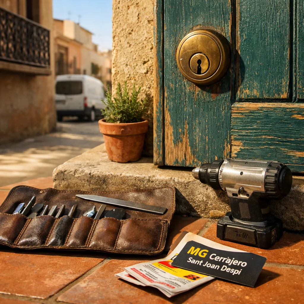 Entrada residencial en Sant Joan Despí con puerta de madera desgastada; herramientas y flyer para "Comprar servicios de apertura de puertas a buen precio en Sant Joan Despi".