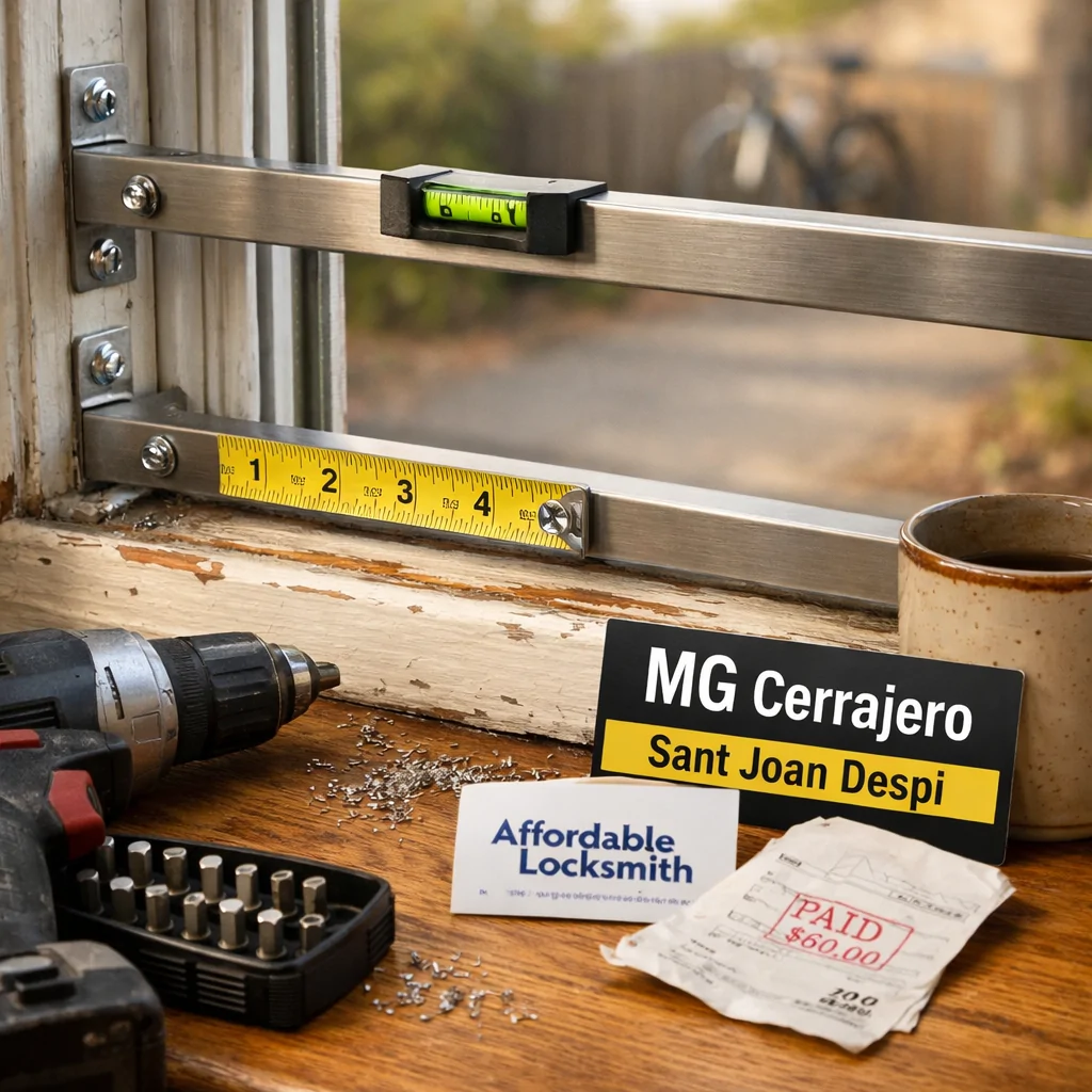 Instalación de rejas de acero en una ventana, herramientas y un recibo, con un ambiente hogareño. Encuentra un cerrajero economico para instalar rejas en el hogar.