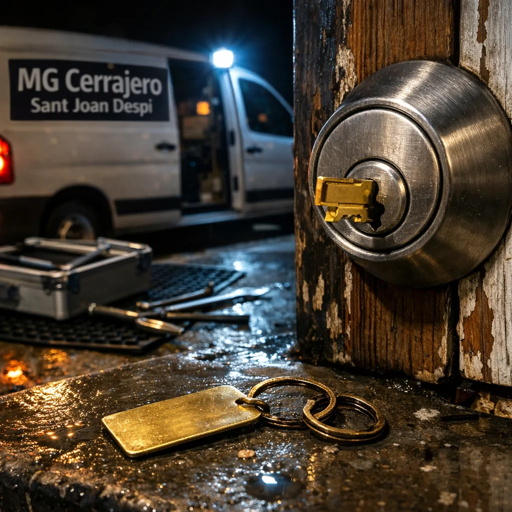 Cerradura de acero cepillado y llave rota en un umbral, reflejos de luz en el concreto. ¿Qué servicio de cerrajería es el más rápido para emergencias?