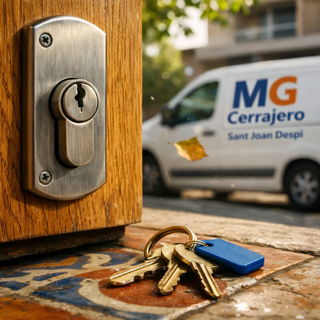 Cerradura europerfil en puerta de roble miel, llaves en umbral de azulejos; captura íntima del servicio en Sant Joan Despí.