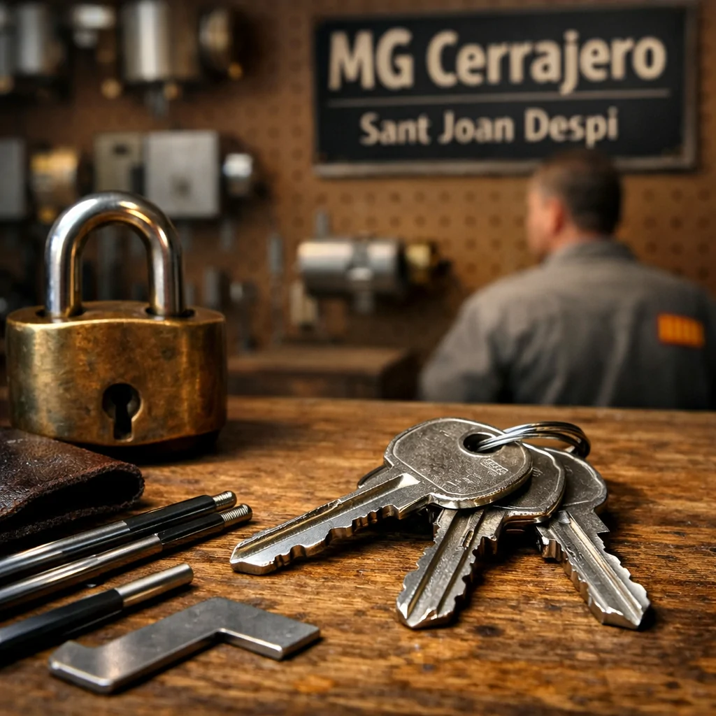 Primer plano de llaves de níquel y cerradura de latón en un banco de trabajo, reflejando servicios de cerrajería en Sant Joan Despí.