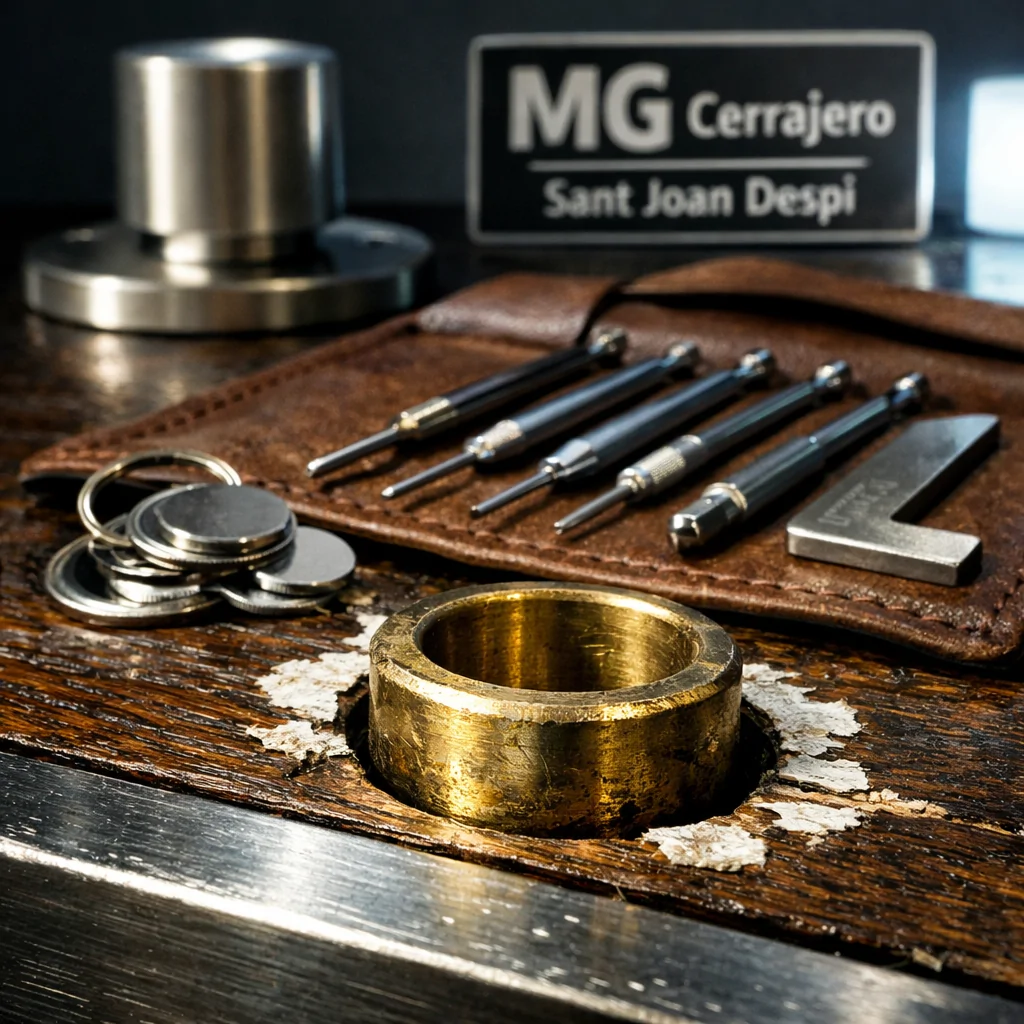 Cilindro de bronce desgastado en una puerta de roble, herramientas de cerrajería y llaves, imagen detallada y profesional. Que servicios de cerrajeria son mas recomendados para puertas bloqueadas.