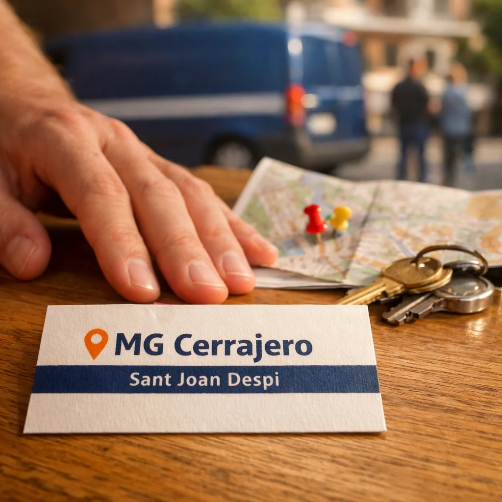 Primer plano de una tarjeta de visita sobre una mesa de roble, indicando "Donde contratar el servicio de apertura de puertas en Sant Joan Despi".