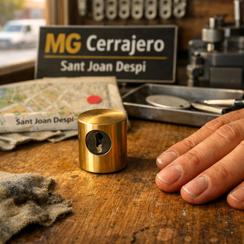 Fotografía macro de un taller en Sant Joan Despí, mostrando un cilindro de latón y herramientas, ideal para "Donde puedo reparar cerraduras de seguridad cerca de mi en Sant Joan Despi".