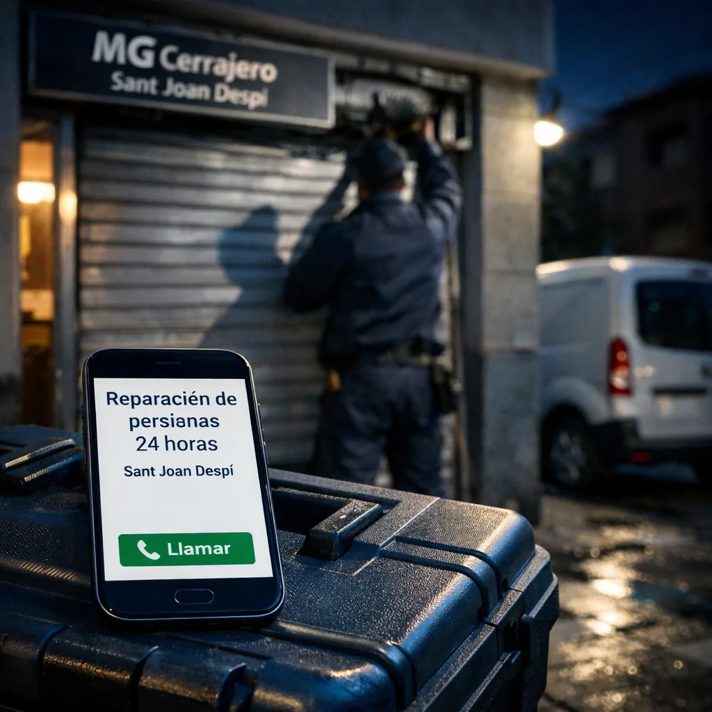 Smartphone muestra “Localiza servicios de reparacion de persianas 24 horas en Sant Joan Despi” frente a técnico y persiana averiada.