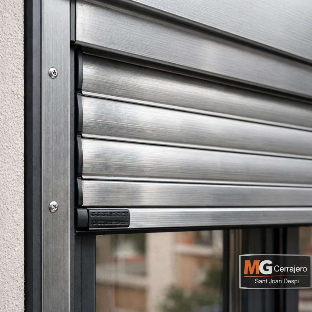 Persiana de aluminio instalada en ventana moderna, con guías reforzadas y sellos; Que tipos de persianas de seguridad son mas efectivas para viviendas
