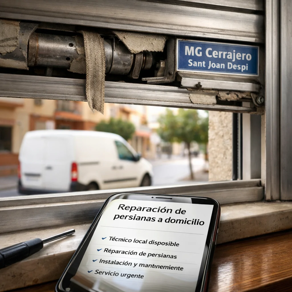 Mu00f3vil junto a persiana dau00f1ada y tu00e9cnico al fondo; Encuentra cerrajeros en Sant Joan Despi que ofrezcan reparacion de persianas a domicilio