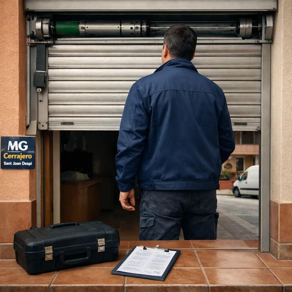 Tu00e9cnico inspecciona persiana de aluminio parcialmente subida; Mejores opciones de cerrajeros en Sant Joan Despi para arreglar persianas